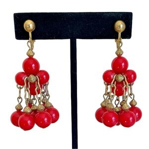 Vintage Red Bead And Goldtone Chandelier Clip Earrings Bohemian Style